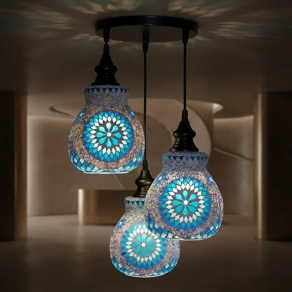 Mosaic Handmade Pendant Ceiling Hanging Light E27 - 3 lamps - Slate Shape