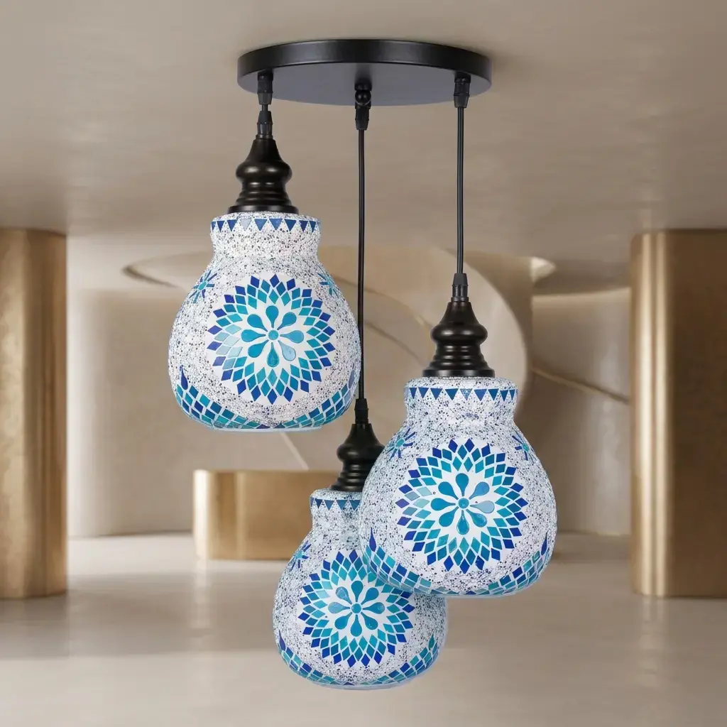 Mosaic Handmade Pendant Ceiling Hanging Light E27 - 3 lamps - Slate Shape