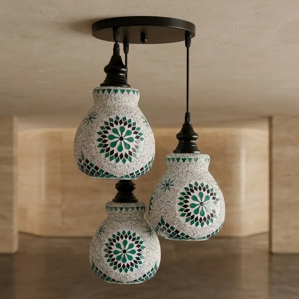 Mosaic Handmade Pendant Ceiling Hanging Light E27 - 3 lamps - Slate Shape