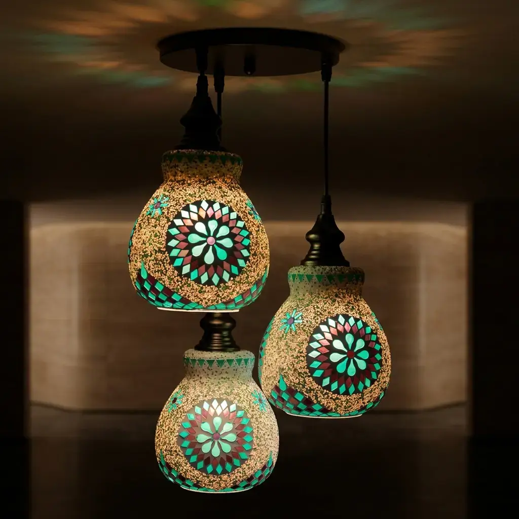 Mosaic Handmade Pendant Ceiling Hanging Light E27 - 3 lamps - Slate Shape