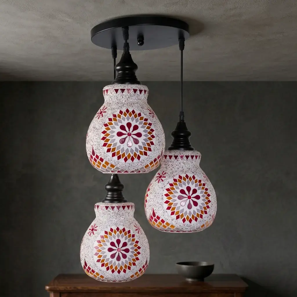 Mosaic Handmade Pendant Ceiling Hanging Light E27 - 3 lamps - Slate Shape